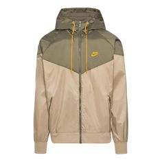 Nike Sportswear Windrunner Hooded Jacket 'Khaki Olive' DA0001-247 Sporty Beige Hoodie With Pockets, Nylon Athleisure Hooded Jacket For Outdoor, Winter Sportswear Nylon Hoodie, Beige Sporty Track Jacket For Fall, Sporty Khaki Hoodie With Drawstring Hood, Casual Windproof Nylon Hoodie, Sporty Khaki Hoodie With Pockets, Beige Nylon Windbreaker For Winter, Sporty Brown Outerwear For Outdoor