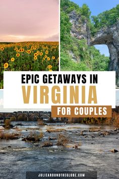 the sunflowers and trees in virginia are featured with text that reads epic getaways in virginia for couples