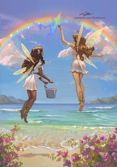 two beautiful young women dressed in fairy costumes flying over the ocean under a rainbow colored sky