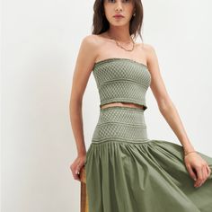 This Two-Piece Set Exists In Harmony Between Easy-Breezy, And A Touch Of Class. The Soft-Green Artichoke Color Is Crisp And Unique To Reformation's Catalogue. The Henna Top Is Unworn, With The Tag Still Attached And A Size Small. I Ended Up Wearing The Skirt Once (For A Mere 2 Hours) On The Last Day Of My Sister's Wedding Celebration With Another Top. It Is A Size Medium. I Am Selling The Set For A Deal Considering The Unmatched Sizes, And The Being That The Skirt Was Technically Worn. For The R Full Midi Skirt, Skirt Crop, Genetically Modified, Wedding Celebration, Pesticides, Women Skirts Midi, Artichoke, Two Piece Set, Celebrity Weddings