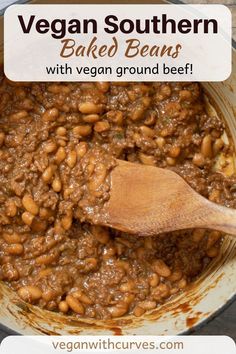 vegan southern baked beans in a pot with a wooden spoon and text overlay