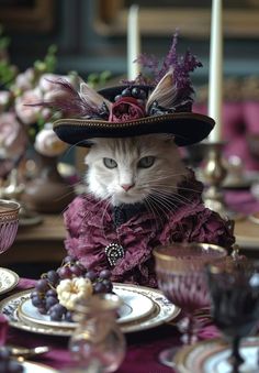 a cat wearing a hat sitting on top of a table next to plates and cups