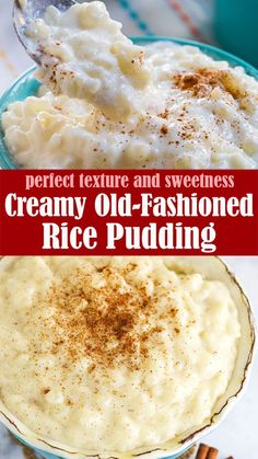 creamy old - fashioned rice pudding in a bowl with cinnamon sprinkled on top