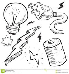 hand drawn doodle style lightbulb and other electrical items stock photo - image