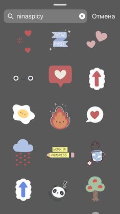 an iphone screen with various stickers on the back and side of it, including hearts,