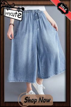 Women Light Blue Elastic Waist Draping Denim Wide Leg Pants Summer Wide Leg Pants Summer, Denim Wide Leg Pants, Denim Wide Leg, Pants Summer, Wide Leg Denim, Leg Pants, Wide Leg Pants, Womens Bottoms, Elastic Waist