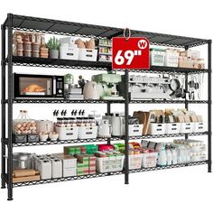 an industrial shelving unit with shelves and bins for various items, including coffee