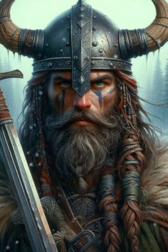 a painting of a viking with long hair and horns