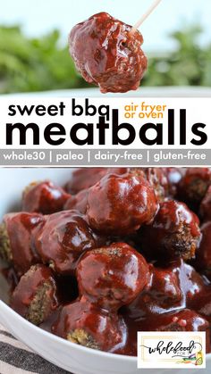 sweet bbq meatballs on a skewer with text overlay