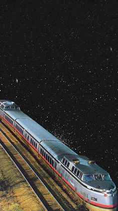 an artist's rendering of a train traveling through the night sky with stars in the background