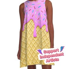 Loose-fit, mid-length sleeveless dress with silky handfeel. Printed on both sides. Machine washable. Size range XS-2XL. This image is a background of pink icing with rainbow sprinkles and a waffle cone pattern at the bottom. The icing is dripping down the waffle cone. The image is sweet and colorful, and it would be perfect for a background for a website or blog about food, baking, or desserts. Cute Pink Fitted Sleeveless Dress, Pink A-line Sleeveless Summer Dress, Pink Fitted Sleeveless Cute Dress, Cute Fitted Pink Sleeveless Dress, Trendy Pink Sleeveless Dress For Summer, Casual Pink A-line Sleeveless Dress, Casual Pink Knee-length Sleeveless Dress, Pink Knee-length Sleeveless Sundress, Pink Casual A-line Sleeveless Dress