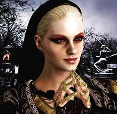 a woman with white hair and red eyes is dressed in gothic clothing, holding her hands to her chest