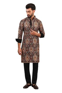 Black kurta with multicolour resham thread embroidered paisley and floral jaal patterns, embellished by sequins. Comes with pant. - Aza Fashions Black Kurta, Cocktail Reception, Kurta With Pants, Pants Pattern, Mandarin Collar, Cotton Silk, Aza Fashion, Mens Pants, Types Of Sleeves