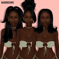 three black women wearing white bras and necklaces, one with an ear piercing