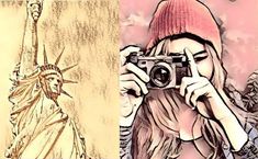 a drawing of a lady holding a camera next to an image of the statue of liberty