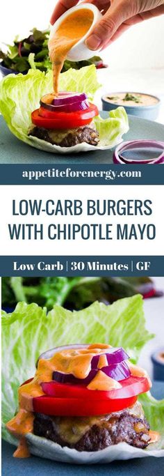 low carb burgers with chipotle mayo and lettuce on the side