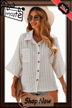 Boxy Striped Shirts with Pockets Chic Shirt With Rolled Sleeves For Day Out, Chic Button-up Tops For Vacation, Summer Collared Top For Day Out, Chic Blouse With Rolled Sleeves For Day Out, Oversized Striped Tops For Vacation, Vacation Top With Rolled Sleeves And Relaxed Fit, Striped Collared Tops For Day Out, Spring Vacation Tops With Rolled Sleeves, White Blouse With Rolled Sleeves For Day Out