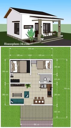 the floor plan for a small house is shown in two different views, one with an open