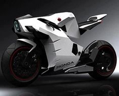 the futuristic motorcycle is white and black with red rims