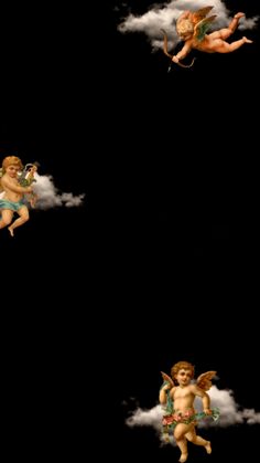 two cherubs flying in the sky with clouds