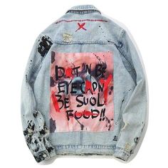 “Graffiti Wall” Denim Jacket - Anagoc Light Color Jeans, Red Denim Jacket, Rock Jeans, Japanese Jacket, Hip Hop Jeans, Denim Jacket Patches, Jean Jacket Men, Printed Denim Jacket, High Street Fashion