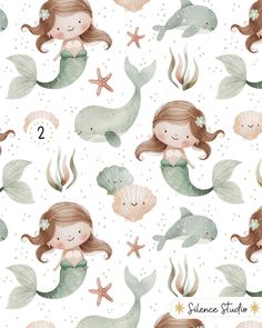 seamless pattern with mermaids and seashells in watercolor style on white background