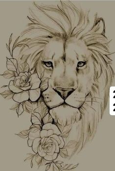 a drawing of a lion with roses on it's chest and head in the background