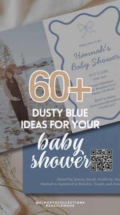 a baby shower with the text, 60 + dusty blue ideas for your baby shower