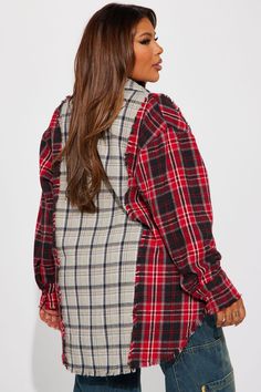 Available In Red/combo. Plaid Shirt Long Sleeve Button Down Collar Color Block Raw Hem Non Stretch Disclaimer: Plaid Placement Will Vary. Self: 50% Polyester 50% Cotton Contrast: 100% Polyester Imported | Play Ball Plaid Shirt in Red size 2X by Fashion Nova Red Patchwork Shirt For Fall, Fall Red Patchwork Shirt, Oversized Red Tops With Button Closure, Red Oversized Top With Button Closure, Oversized Red Button-up Tops, Women's Red Plaid Shirt, Red Patchwork Button-up Tops, Cheap Casual Plaid T-shirt, Red Long Sleeve Cotton Flannel Shirt