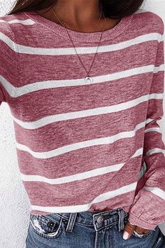 Product details: Comfy cotton blend fabric Crewneck Long sleeves Pullover style Ribbed at hem Allover nautical stripes An adorable close fit Casual Pink Tops With Contrast Stripes, Horizontal Stripe Crew Neck Tops For Fall, Pink Cotton Top With Contrast Stripes, Casual Striped Ribbed Tops, Casual Sweater With Striped Sleeves And Crew Neck, Crew Neck Tops With Contrast Stripes For Fall, Fall Crew Neck Tops With Contrast Stripes, Casual Fall Tops With Striped Hem, Striped Cotton Crew Neck Sweater