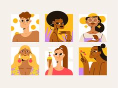 six different women with various facial expressions on their faces, including one woman brushing her teeth