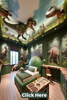 a bedroom with dinosaurs painted on the ceiling and green bedding, along with two children's desks