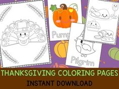 thanksgiving coloring pages for kids with pumpkins and other fall themed items in the background