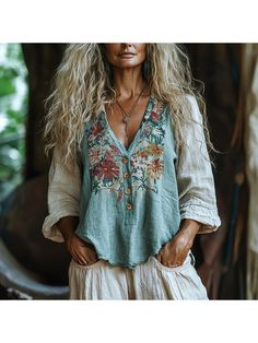 Elegant Tops, Women's Linen Bohemian Flower Print Contrasting Color Long-sleeved Shirt Casual Floral Patchwork Blouse For Fall, Long Sleeve Tops With Floral Embroidery For Summer, Bohemian Floral Print Tops For Fall, Casual Blouse With Boho Collar For Spring, Green Boho Print Long Sleeve Top, Green Long Sleeve Boho Print Top, Green Long Sleeve Top With Boho Print, Bohemian Long Sleeve Top With Floral Embroidery, Bohemian Floral Print Blouse For Spring