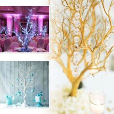 the centerpieces are decorated with blue and white flowers, candles, and branches