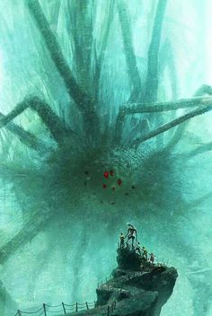 an underwater scene with people on a bridge and giant spider crawling in the water above them