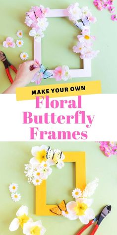 some flowers and scissors on a table with the words make your own floral butterfly frames