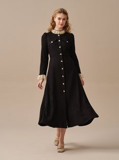 Luxury Fitted Tweed Dress With Buttons, Fitted Luxury Tweed Dress With Buttons, Elegant Long Sleeve Tweed Dress For Evening, Elegant Long Sleeve Tweed Evening Dress, Elegant Long Sleeve Tweed Dress With Buttons, Elegant A-line Vintage Winter Dress, Elegant Fitted Tweed Dress For Fall, Elegant Tweed Dress With Buttons For Party, Elegant Party Tweed Dress With Buttons