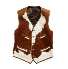 Discover timeless style with our men's vintage cowhide leather vest, crafted from real, natural hair-on cowhide for an authentic touch. - Free shipping on all cowhide fur jackets - External: Genuine cowhide skin front - Internal: Polyester lining - Pockets: Two waist pockets, Two inside pockets - Note: Colors and patterns may slightly vary due to the originality of natural cowhide skin - Size: Refer to the jacket size chart in the Images Gallery - For Custom (Made-to-Measure) jackets, email us y Cowboy Vest, Western Vest, Brown Cowhide, Mens Fashion Rugged, Men's Leather Jacket, Cow Hide, Men Vintage, Leather Vest, Vintage Western