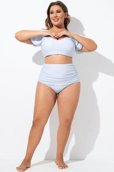 Blue High Waist Bikini Bottom with Side Ruching Fitted Light Blue Tankini Top, Fitted Light Blue Swimwear For Pool, Fitted Light Blue Lined Swimwear, Light Blue High Waist Swimwear For Pool, High Waist Light Blue Swimwear For Pool, Blue Geometric Pattern, Stylish Plus, Plus Size Swimsuits, Plus Size Swimwear