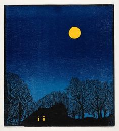 an image of a house at night with the moon in the sky and trees around it