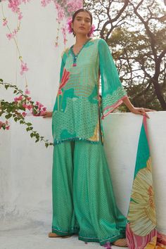 Aqua gajji satin kurta with floral print and sequins embroidery. Comes with sharara and an organza dupatta. - Aza Fashions Satin Kurta, Kurta And Sharara, Basil Leaf, Blue Kurta, Sharara Set, Organza Dupatta, Desi Fashion, Sequins Embroidery, Set For Women