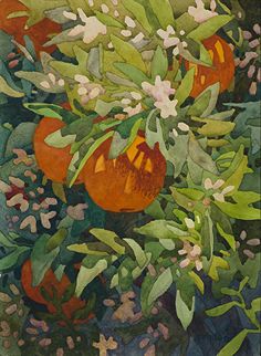 a painting of oranges and flowers with leaves