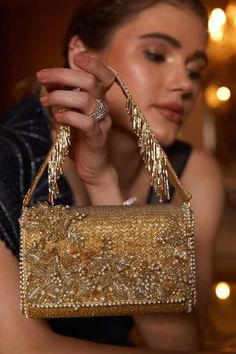 Shop for Lovetobag Esme Flapover Clutch With Handle Online at Aza Fashions Indian Purses Clutches, Gold Purse Outfit, Ethereal Classic, Indian Clutch, Glittery Jewelry, Fancy Clutch, Charity Ball, Girl Prom, Gold Handbag