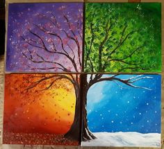 four paintings of trees in different colors and sizes, each painted with acrylic paint