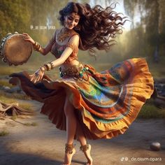 a woman with long hair is dancing and holding a drum in one hand while wearing sandals on the other