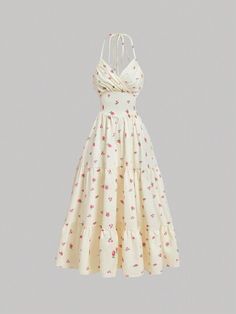 SHEIN USA Backless Floral Dress, Halter Neck Floral Dress, Long Sundress Outfit, Cute Sundresses, Sundress Outfit, Long Sundress, Yellow Clothes, Summer Sundress, Cute Dress Outfits