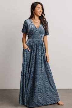 Leslie Velvet Maxi Dress | Blue | Baltic Born Dusty Blue Mother Of The Bride Dress, Mother Of The Bride Dresses Blue, Textured Bridesmaid Dresses, Blue Mother Of The Bride Dress, Waffley Wedded, Blue Lace Bridesmaid Dresses, Slate Blue Dress, Womens Formal Dress, Bridesmaids Styles