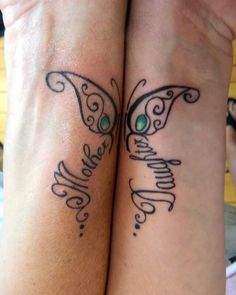 two girls with matching tattoos on their arms, one has a butterfly and the other has a name