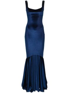 navy blue velvet mermaid silhouette square neck concealed rear zip fastening sleeveless fishtail train floor-length unlined Empire Period Fashion, Deep Blue Formal Dress, Dress Bottom Types, Blue Tinted Wedding Dress, Saphire Aesthetics, Dark Blue Sparkle Dress, Midnight Blue Silk Dress, Navy Wedding Guest Dress, Blue Velvet Dress Long